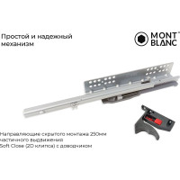 Направляющие скрытого монтажа Mont Blanc Quadro 350мм частичного выдвижения Soft Close (2D клипса) с доводчиком упаковка 10 шт., арт. 00-00015585