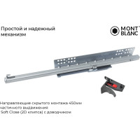 Направляющие скрытого монтажа Mont Blanc Quadro 450 мм, частичного выдвижения Soft Close 2D клипса, с доводчиком упаковка 10шт. арт. 00-00015586