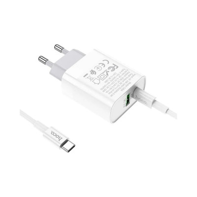 Hoco Сзу c80a rapido 1xusb, 1xusb-c, 3а, pd20w, qc3.0 + usb-c кабель type-c, 1м (белый) 0L-00050626