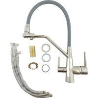 Смеситель для кухни Rainsberg сатин, с силиконовым гибким серым изливом R603CL-5