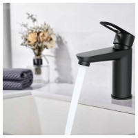 Смеситель для раковины/для умывальника MYNAH черный, высота 144 мм, рычажное управление, фиксированный излив, монтаж на одно отверстие, на гайке, гибкая подводка M10106I