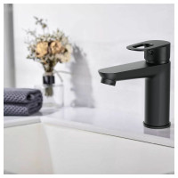 Смеситель для раковины/для умывальника MYNAH черный, высота 144 мм, рычажное управление, фиксированный излив, монтаж на одно отверстие, на гайке, гибкая подводка M10106I