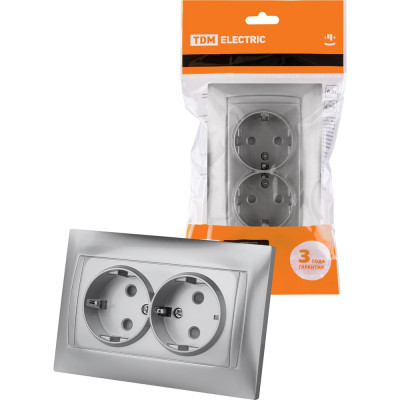 Двойная розетка с защитной шторкой, серебристый металлик 2П+З 16А 250В TDM ELECTRIC Лама SQ1815-0213