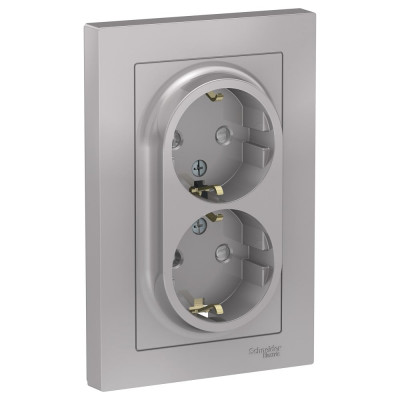 Розетка Systeme Electric AtlasDesign Алюминий с/з двойная, со шторками, 16А, в сборе SE ATN000326
