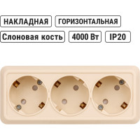 3-х местная горизонтальная розетка TDM ELECTRIC 2П+3 открытой установки IP20 16A с защитными шторками слоновая кость "Ладога" SQ1801-0227