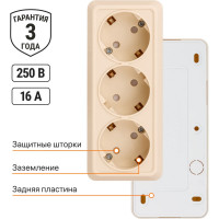 3-х местная горизонтальная розетка TDM ELECTRIC 2П+3 открытой установки IP20 16A с защитными шторками слоновая кость "Ладога" SQ1801-0227