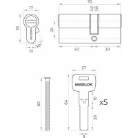 Латунный цилиндр Marlok ЦМ 70(30/40)-5к, перфорированный ключ/ключ, PB (золото) 016846