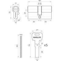 Латунный цилиндр Marlok ЦМ 60-5к, перфорированный ключ/ключ, CP (хром) 017536