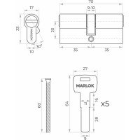 Латунный цилиндр Marlok ЦМ 70(35/35)-5к, перфорированный ключ/ключ, PB (золото) 017757
