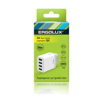 Ergolux Elx-рa02qc-c01 (сетевой адаптер 36вт 4usb, 100-220в, 5-9v/3а, 1qc+3/3а, белый, коробка) 15292