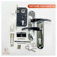 Врезной замок VETTORE 1023 NI m60Z в комплекте с ручкой и цилиндром, никель 20289