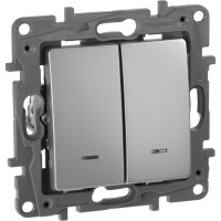 Выключатель Legrand двухклавишный с подсветкой/индикацией Legrand Etika 10А 250В безвинтовые зажимы алюминий 672404
