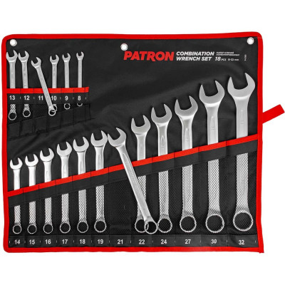 Набор комбинированных ключей PATRON 8, 9, 10, 11, 12, 13, 14, 15, 16, 17, 18, 19, 21, 22, 24, 27, 30, 32 мм, 18 предметов на полотне P-5181(47417)