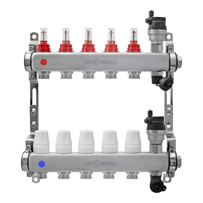 Коллекторный блок KROMWELL из нерж. cтали с расходомерами, в комплекте 1", 5x3/4", "евроконус" KW.SM6000655