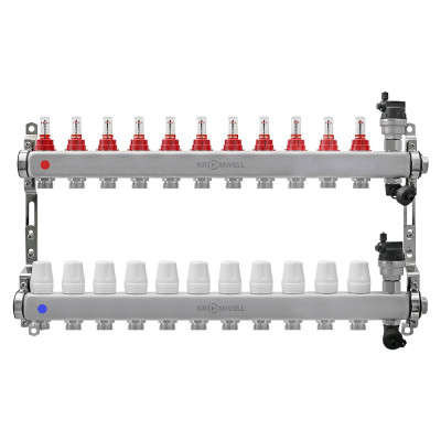 Коллекторный блок KROMWELL из нерж. cтали с расходомерами, в комплекте 1", 11x3/4", "евроконус" KW.SM6006115