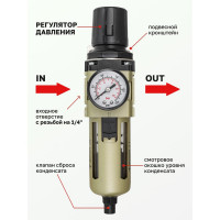 Фильтр-регулятор с индикатором давления для пневмосистем 1/4", автоматический слив, 10 Мк, 2000 л/мин, 0-10 bar, рабочая температура 5-60° Forsage F-AW3000-02D(54455)