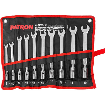 Набор рожково-торцевых шарнирных ключей PATRON 8, 10, 12, 13, 14, 15, 16, 17, 18, 19 мм, 10 предметов на полотне P-5010F(47390)