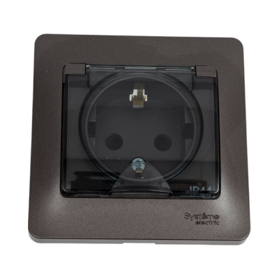 Розетка Systeme Electric Glossa Графит с/з со шторками с крышкой IP44 в сборе GSL001348