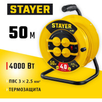 Силовой удлинитель на катушке STAYER ПВС 3x2.5 50м 4000Вт ip44 55064-50