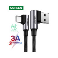 Кабель Ugreen USB-C Male - USB 2.0 A Male, 3A, для зарядки и передачи данных, угловой 90, 1м, цвет черный 20856