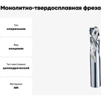 Монолитно-твердосплавная фреза трехзаходная стф-181 Z3+3, 6х24х60 мм, хв-к 6 мм Strong стф-18106024