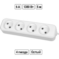 Удлинитель сетевой TDM ELECTRIC 4 розетки, 5 метров, 6 А, 1380 Вт, белый, SQ1303-1207