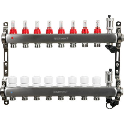 Коллектор для теплого пола SANEXT с расходомерами, автоматический, в/о и дренаж., ДУ25, ВР1"х 8 контуров НР 3/4" 8528-1