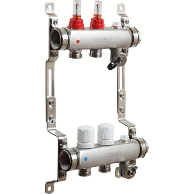 Коллектор для теплого пола SANEXT с расходомерами, автоматический в/о и дренаж., ДУ25, ВР1"х 2 контура НР 3/4" 8522-1