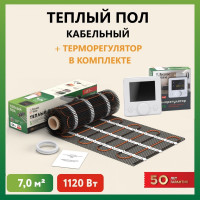 Нагревательный мат Русское тепло Теплый пол 7 кв. м, 1120 Вт, с терморегулятором РТ-15 7722715