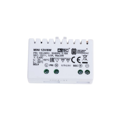 Блок питания AcTEC 12В, 6Вт, IP20, 0.5A, 50x32x18.5мм MINI12V/6W