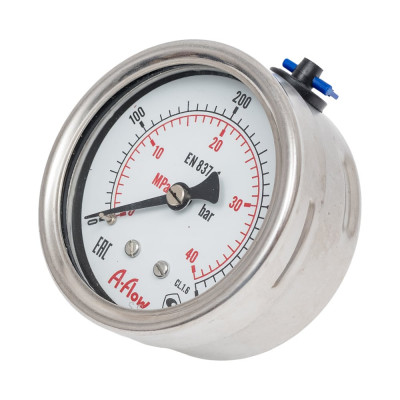 Манометр от 0 до 400 бар из нержавеющей стали, D63 мм, NPT 1/4", штуцер сзади по центру A-Flow G32-S-4N-63B-400bar