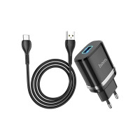 Сетевое зарядное устройство Hoco n1 ardent 1xusb, 2.4а, led + usb кабель type-c, 1м (черный) 0L-MG-WF339