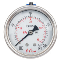 Манометр от 0 до 400 бар из нержавеющей стали, D63 мм, NPT 1/4", штуцер сзади по центру A-Flow G32-S-4N-63B-400bar