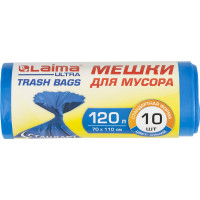 Мешки для мусора ULTRA LAIMA 120л синие рулон 10 шт особо прочные, ПНД 23 мкм, 70х110см, 607695