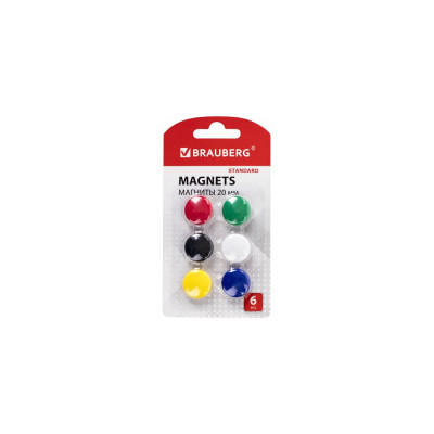 BRAUBERG Магниты МАЛОГО ДИАМЕТРА 20 мм, НАБОР 6 шт, ассорти, STANDARD, 237469