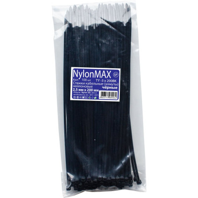 Nylon Max Стяжки кабельные (хомуты) нейлоновые 2.5мм x 200мм (100шт.) чёрные TY-3X200Bk