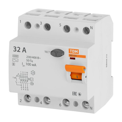 Устройство защитного отключения TDM ELECTRIC ВД1-63S 4Р 32А 100мА SQ0203-0066
