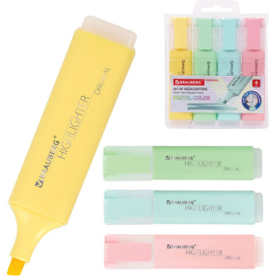Текстовыделители BRAUBERG ORIGINAL PASTEL набор 4 шт, ассорти, линия 1-5 мм 151697
