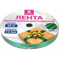 Декоративная упаковочная лента для подарков ЗОЛОТАЯ СКАЗКА золотые полосы, 12 мм х 45 м, зеленая 591826
