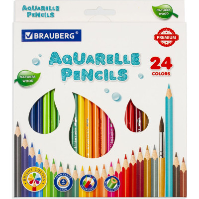 Цветные карандаши BRAUBERG PREMIUM AQUARELLE акварельные, 24 цвета, грифель мягкий 4 мм 181673