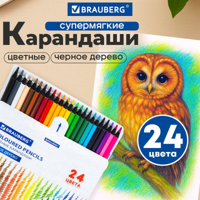 Цветные карандаши BRAUBERG 24 цвета, черное дерево, грифель мягкий 3.3 мм 181858