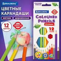 Карандаши цветные 12 шт в упаковке BRAUBERG PREMIUM 12 цветов шестигранные грифель мягкий 33 мм  181656