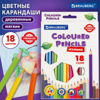 Цветные карандаши BRAUBERG PREMIUM 18 цветов, шестигранные, грифель мягкий 3,3 мм 181657