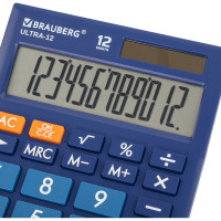Настольный калькулятор BRAUBERG ULTRA-12-BU 192x143 мм, 12 разрядов, двойное питание, синий, 250492