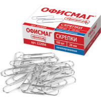 Скрепки 28 мм ОФИСМАГ, никелированные, в картонной коробке 24 упаковки по 100 шт 222094