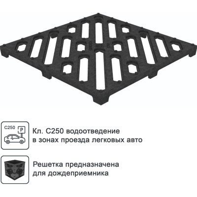 Решетка водоприемная для дождеприемника Gidrolica 30x30x30 см, чугунная щелевая, кл. С250 205/2