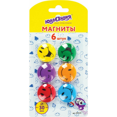 ЮНЛАНДИЯ Магниты 30 мм, НАБОР 6 шт, СМАЙЛИК, ассорти, 237475