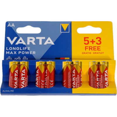 Varta Батарейка LONGLIFE MAX POWER (MAX TECH) LR6 AA BL5+3 Alkaline 1.5V (4706) (8/160) 8 шт в уп 04706101428