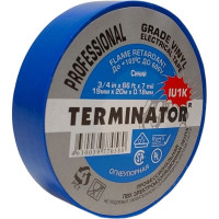 Изолента Terminator Iu1k синяя, ПВХ, огнеупорная, всепогодная, 0.18 мм, 19 мм, 20 м 2000821