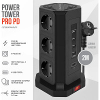 Сетевой фильтр QUMO Power Tower PRO PD 8SP4U P-0004, 9 розеток, 2500 Вт, 10A, кабель 2м 3*1 мм чистая медь, пожаробезопасный пластик, евровилка, 4 USB порта 3,1A + USB-C 18W 42086
